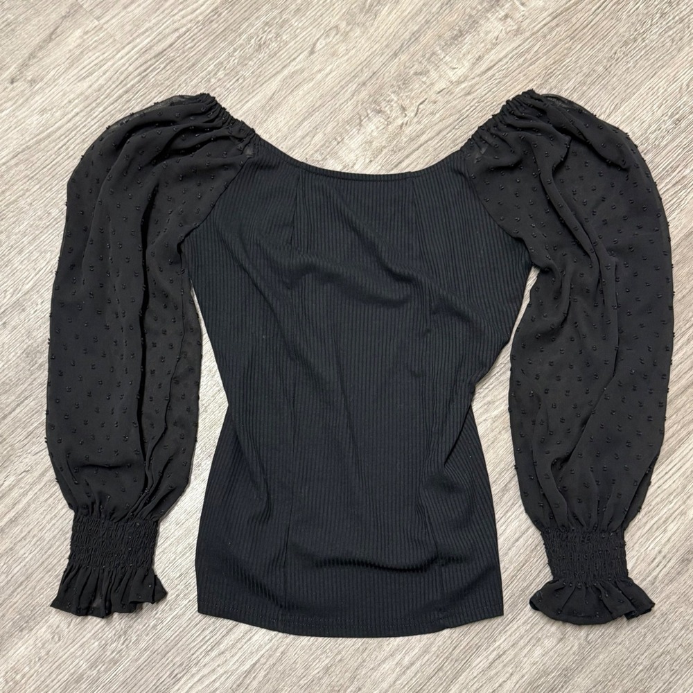 HOTOUCH Women Black‎ Ribbed Swiss Dot Balloon Sleeve Blouse Top Medium Witchy